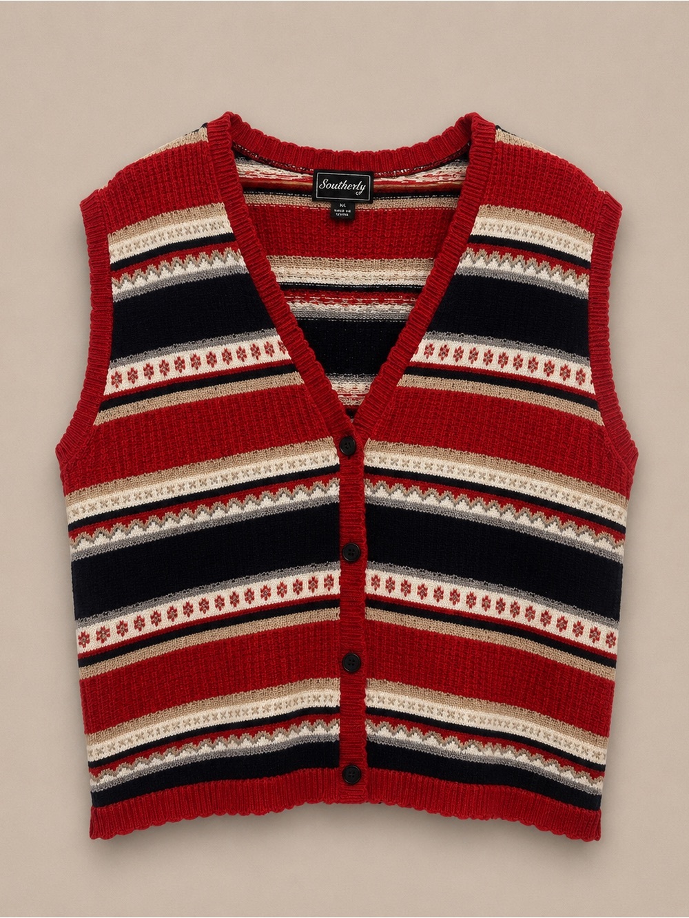 Southern Lady Vintage Knit Button Sweater Vest Red/Black/Cream Fair Isle XL